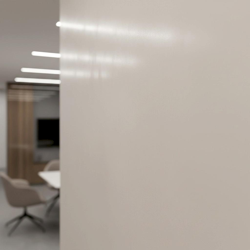 A photo of a glass wall in an office with a blurred office in the background.