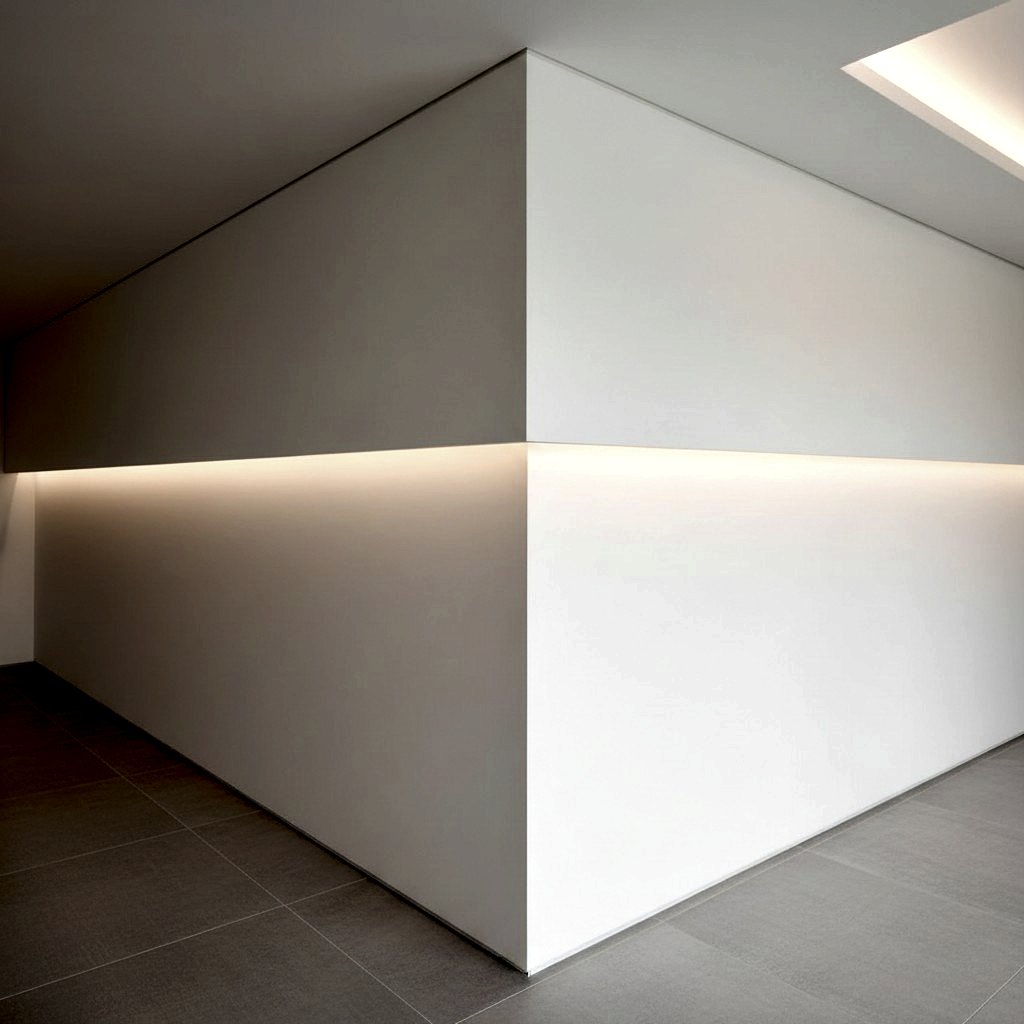 A modern white room with LED lighting beneath a large white volume. The floor is tiled and another part of the ceiling is ...